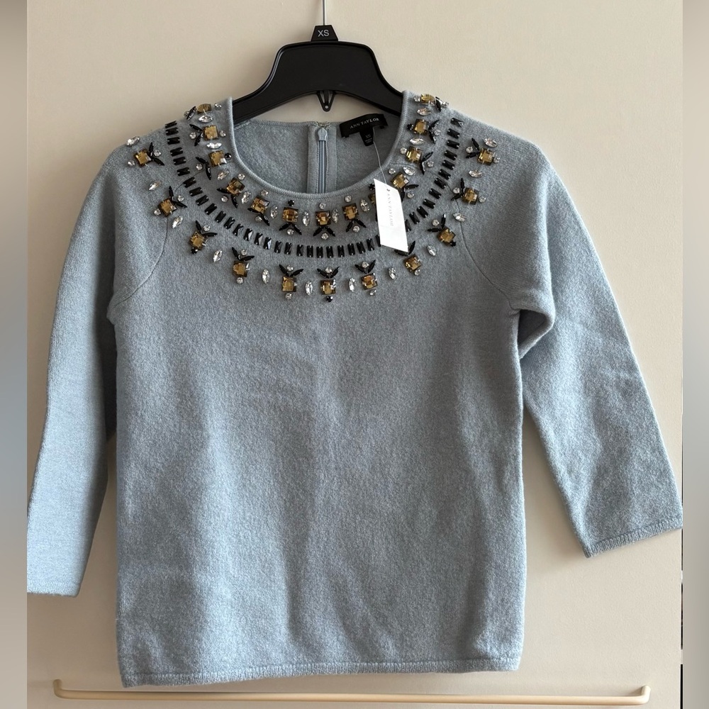 Ann Taylor Embellished Light Blue Merino Wool Sweater XS